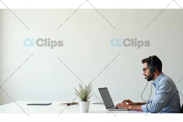 Professional Man Working on Laptop with Headset in a Minimalist Office