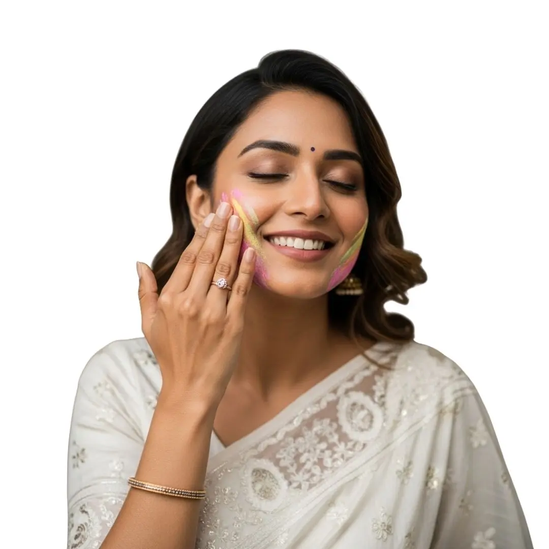 Serene Indian Woman Applying Holi Colors Face PNG