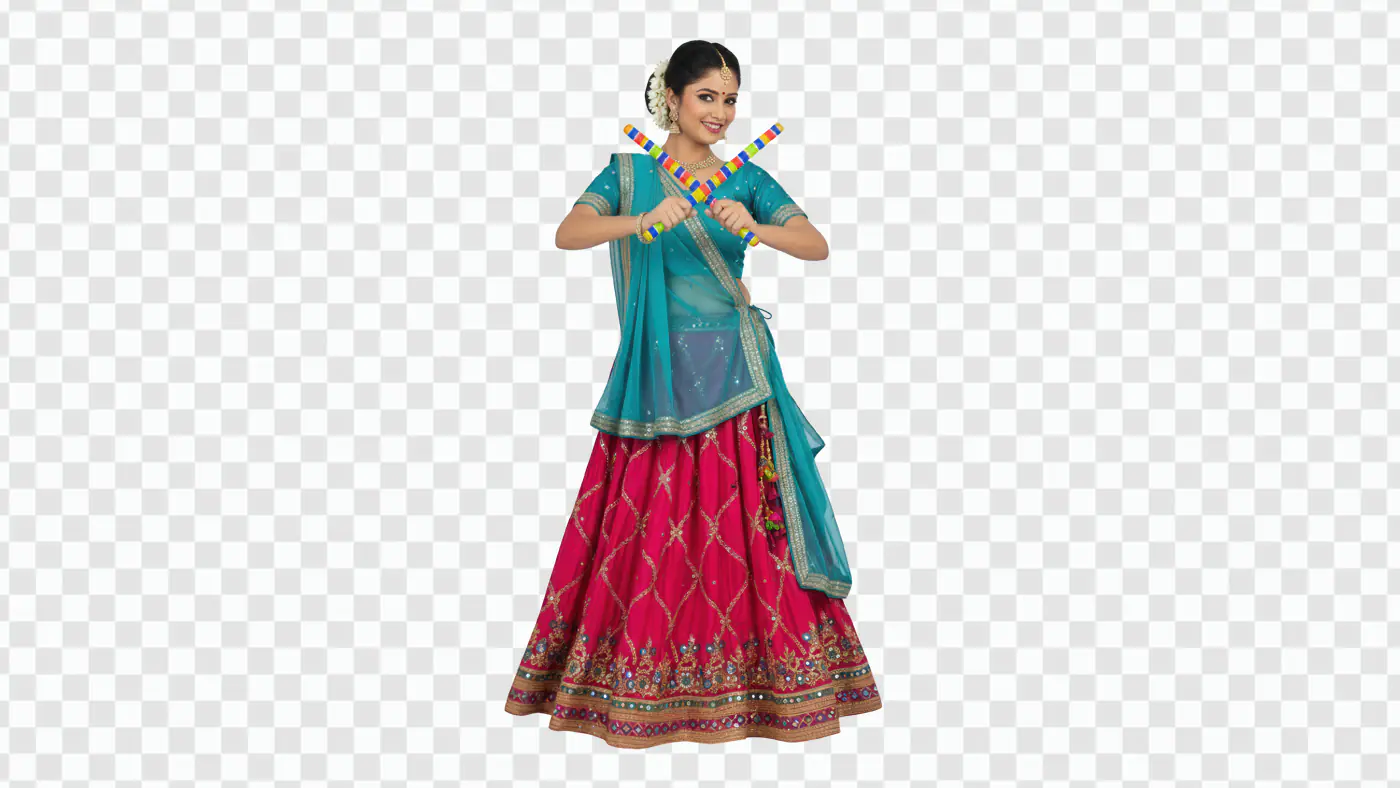 Festive Indian Woman with Colorful Dandiya Sticks PNG