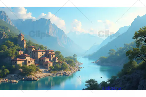 Idyllic Mountain Village by a Serene River