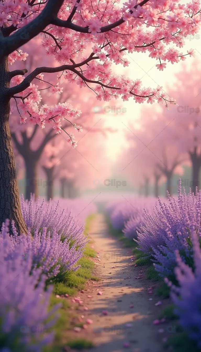 Dreamy Path Through Blossoming Cherry Trees and Lavender Fields