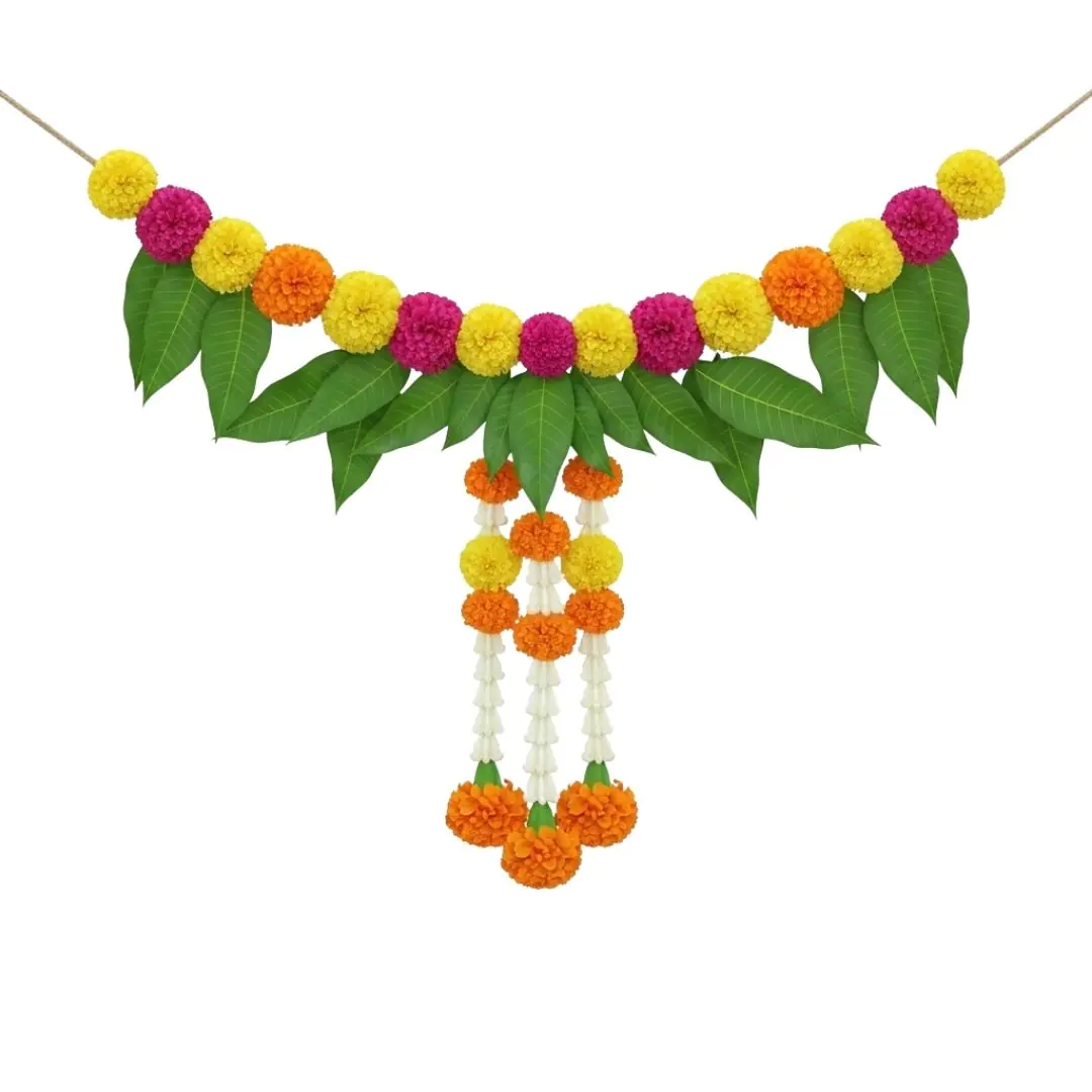 Colorful marigold garland with mango leaves and tassels