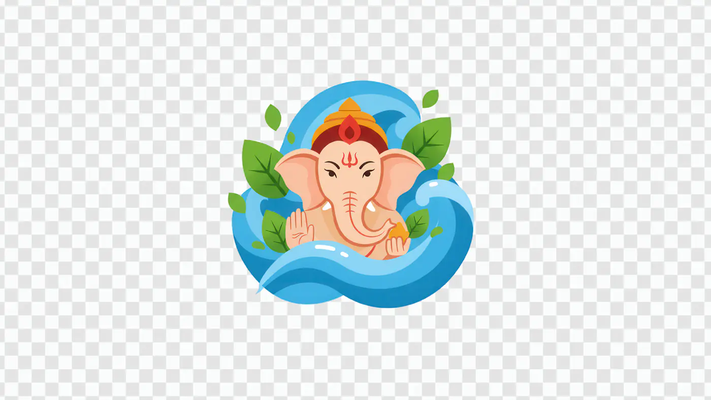 Colorful Ganesha Illustration Surrounded by Waves and Leaves