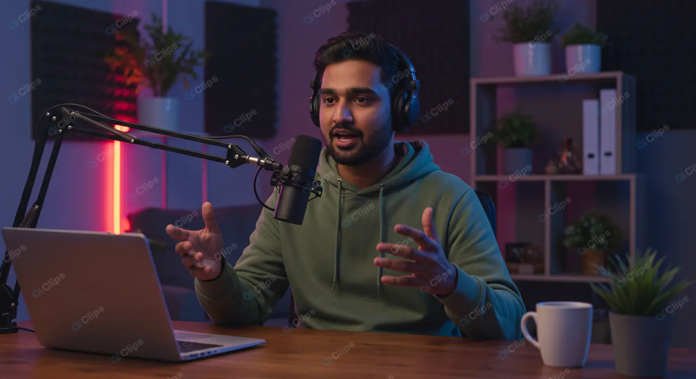 Passionate Podcaster in Neon-Lit Studio