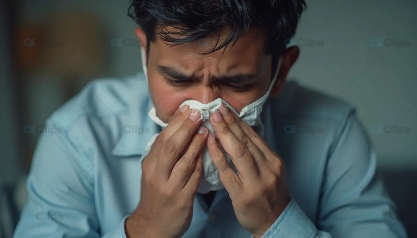 Man Sneezing into Tissue