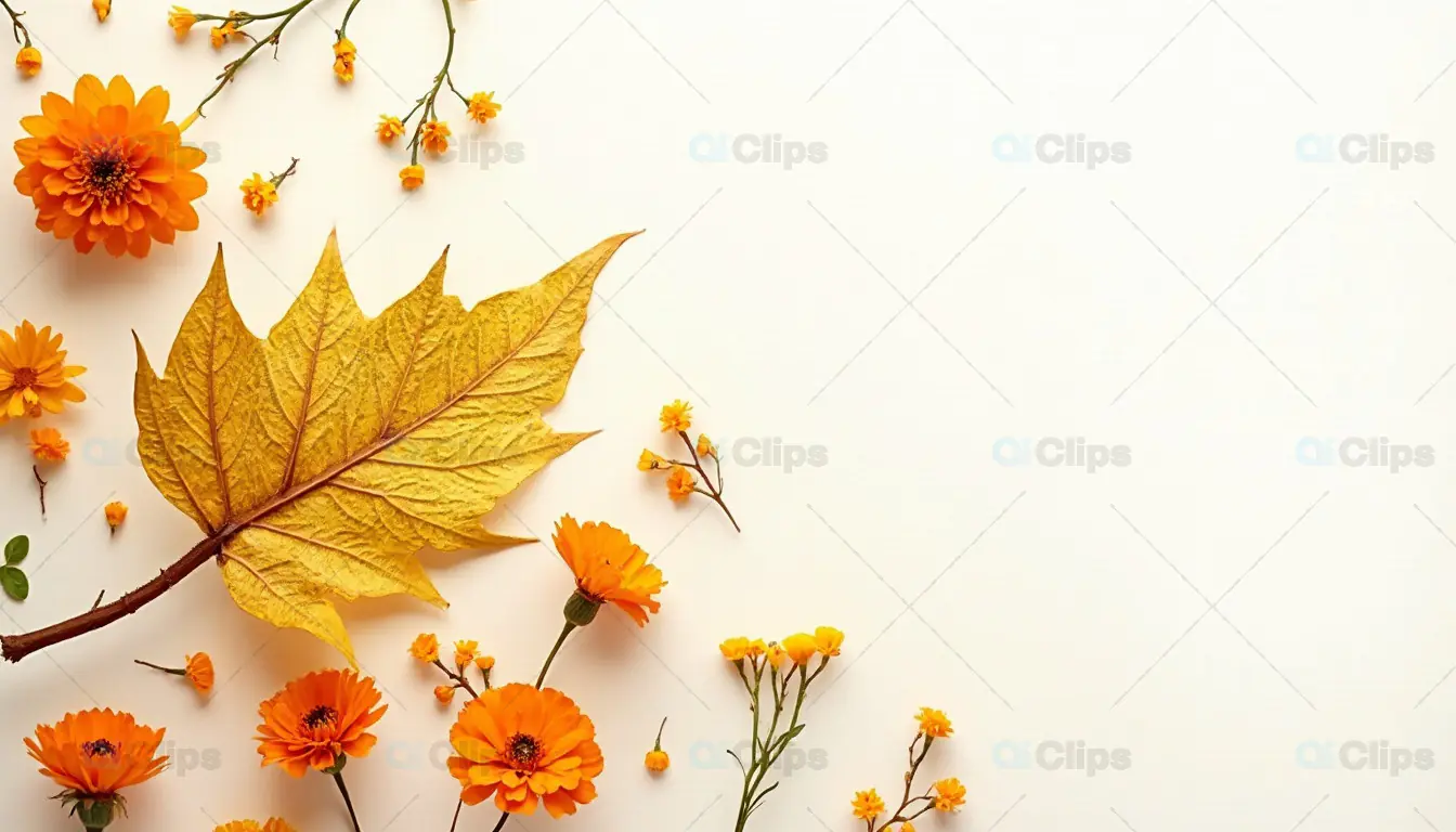 Autumn Floral Background with Yellow Leaves and Flowers