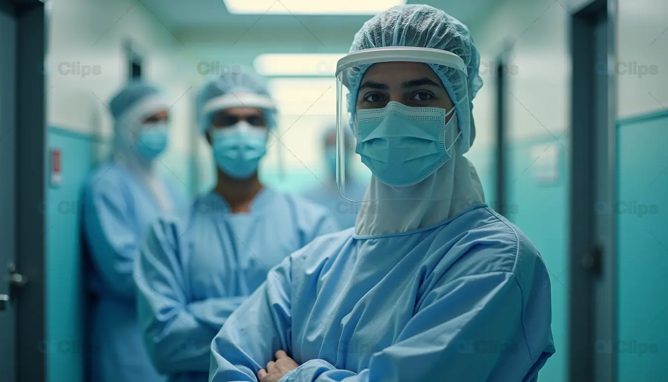 Confident Medical Team in Full PPE in Hospital Corridor