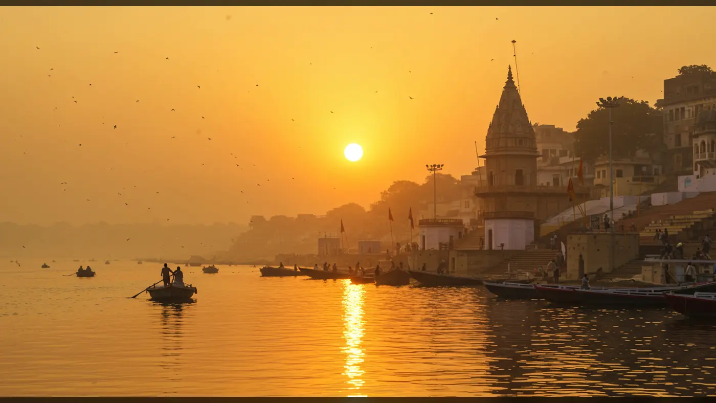 Varanasi Ghats and Rowboats at Sunrise on the Ganges River