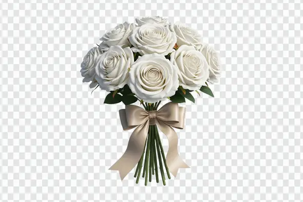 Elegant White Rose Bouquet with Champagne Ribbon Clipart PNG