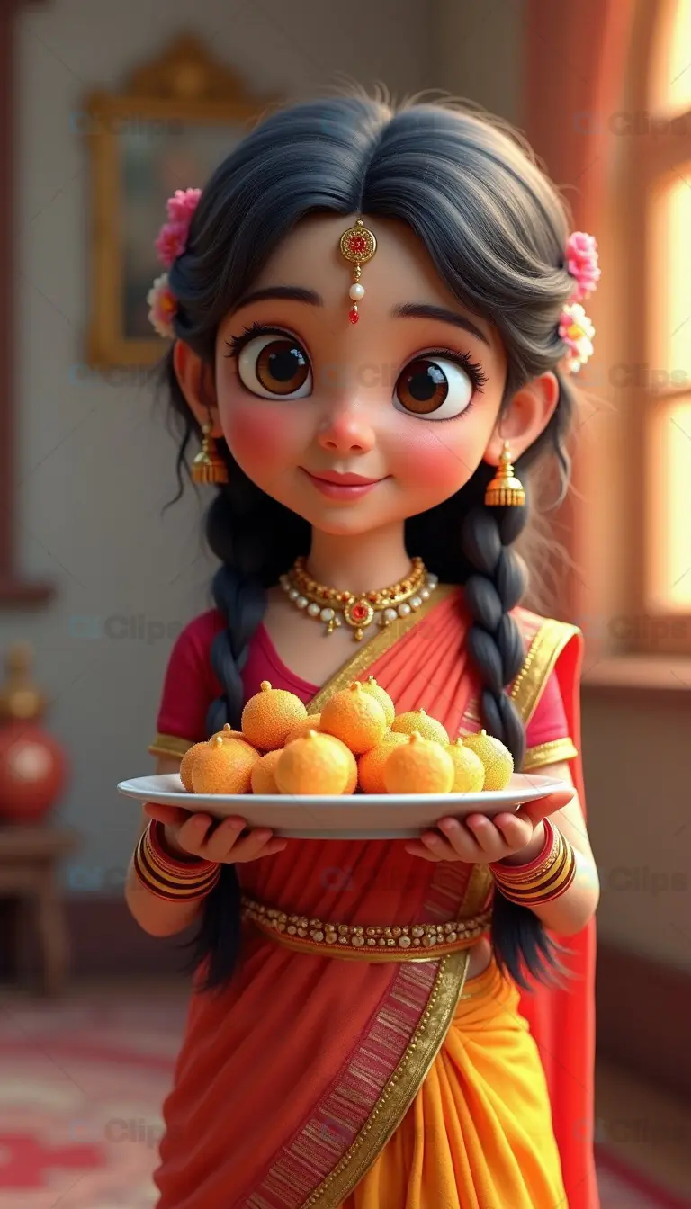 Cute 3D Cartoon Girl in Traditional Attire Holding a Plate of Sweets