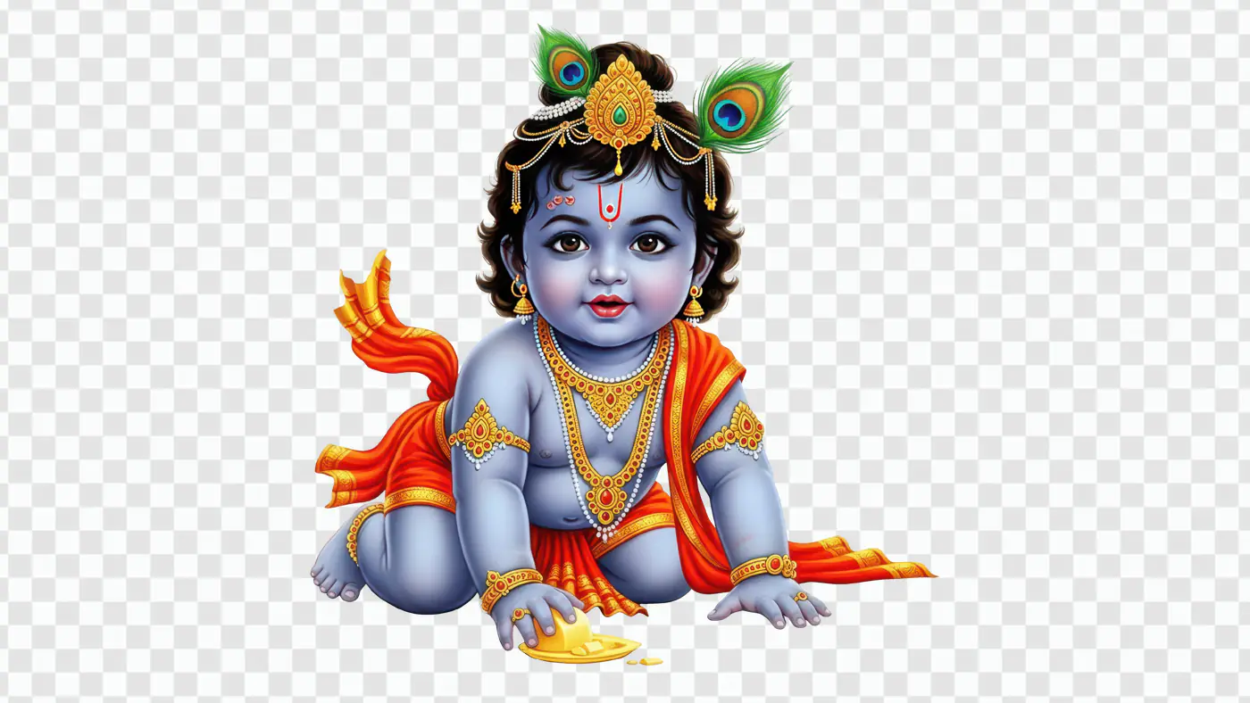 Playful Baby Krishna with Ornate Headdress PNG