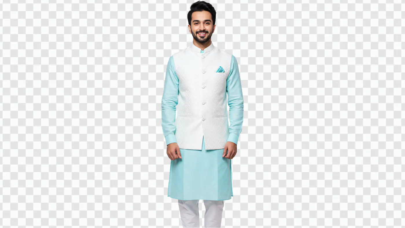 Smiling Man in White Nehru Jacket Turquoise Kurta PNG