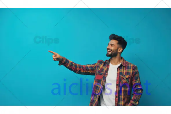 Smiling Man Pointing to Side on Blue Background