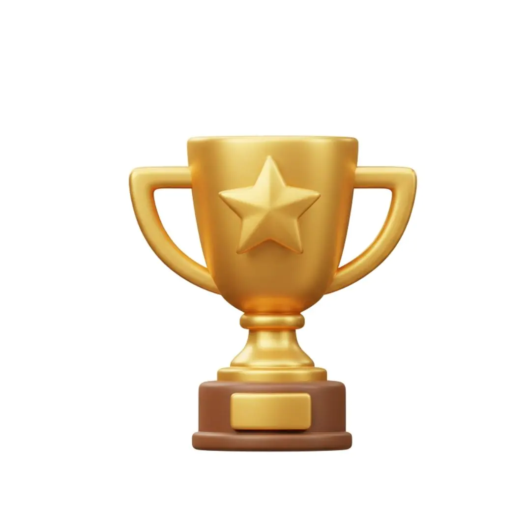 Golden trophy cup with star emblem on stand