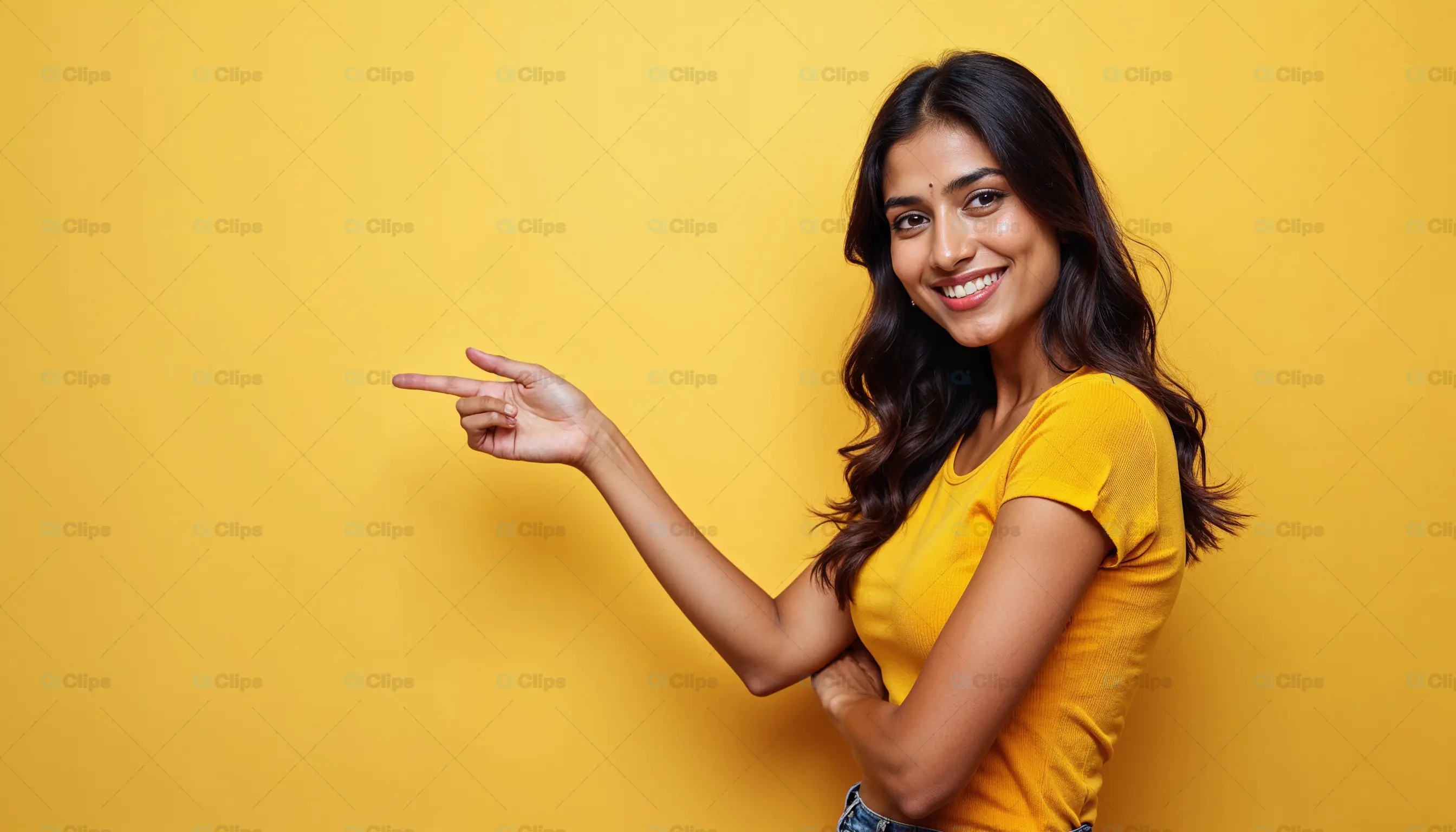 Smiling Woman Pointing Sideways