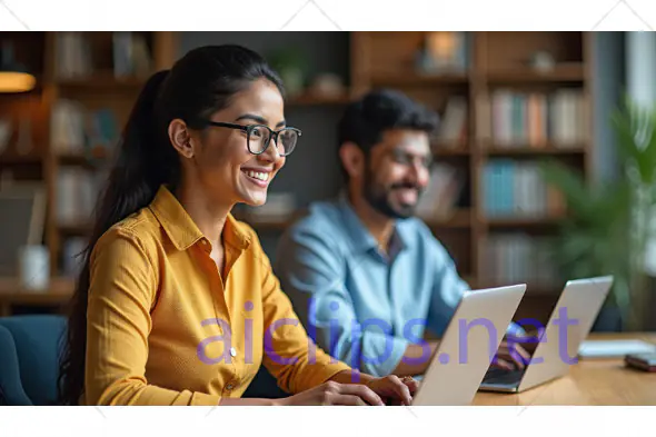 Smiling Woman and Colleague Working on Laptops