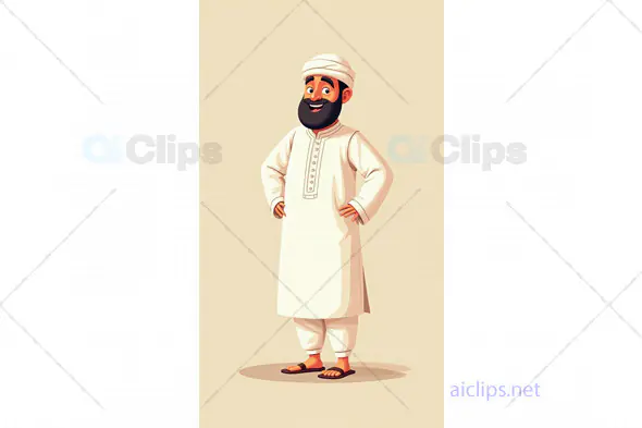 Cartoon Muslim Man in Traditional White Kurta