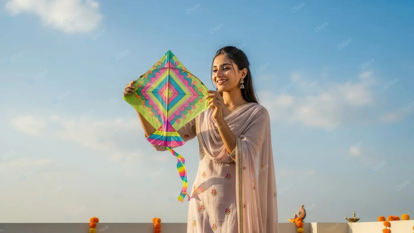 Young Indian Woman Celebrating Kite Festival on a Rooftop