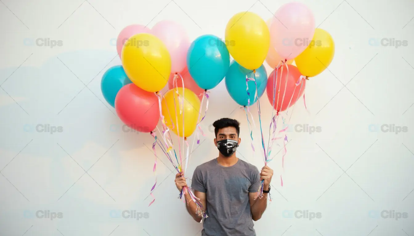 Masked Man Holding Colorful Balloons