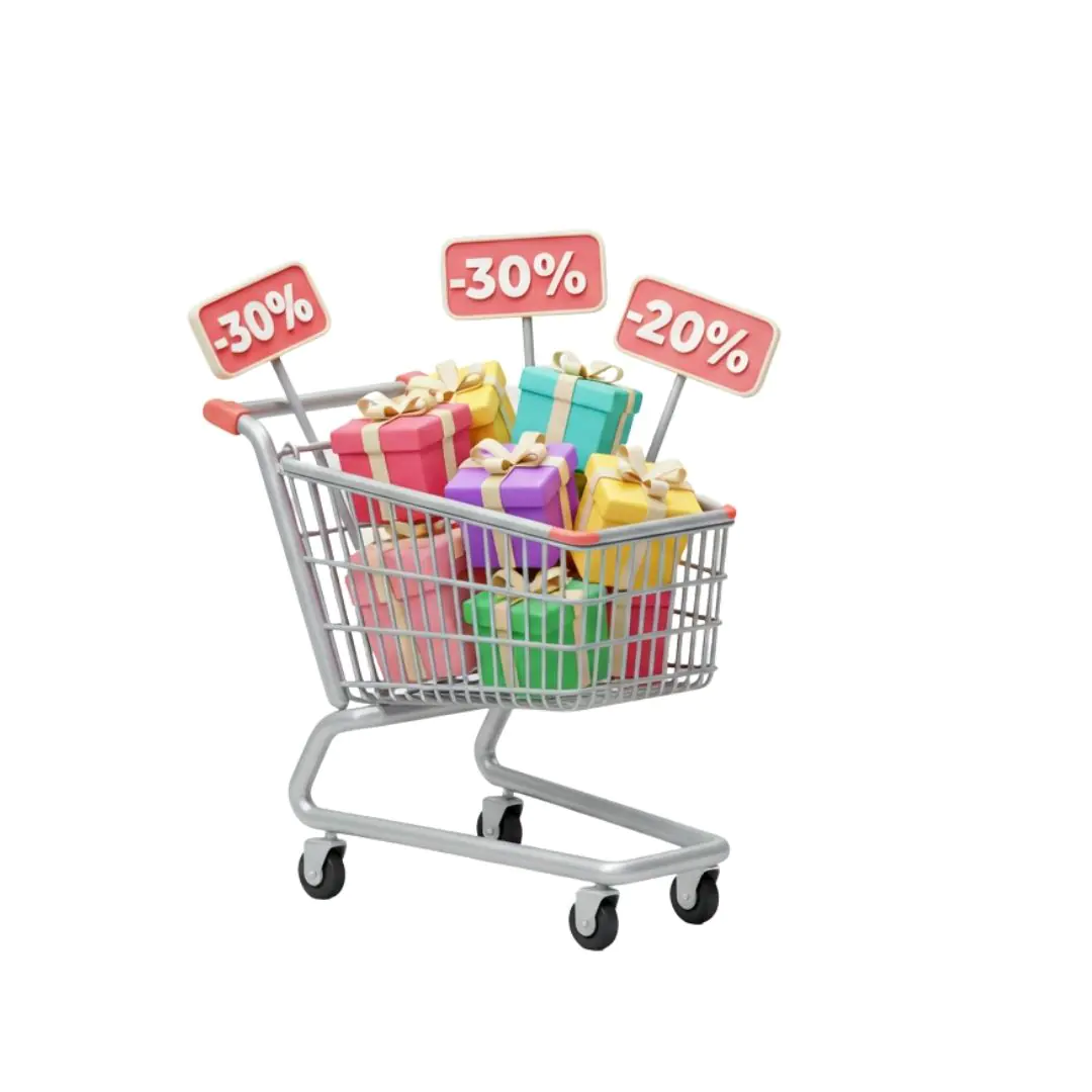 Shopping cart filled with discounted gift boxes