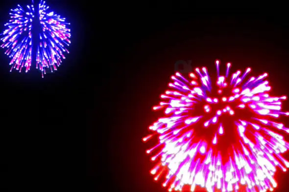 Dual Fireworks Burst in Red, Pink, and Blue Against Night Sky