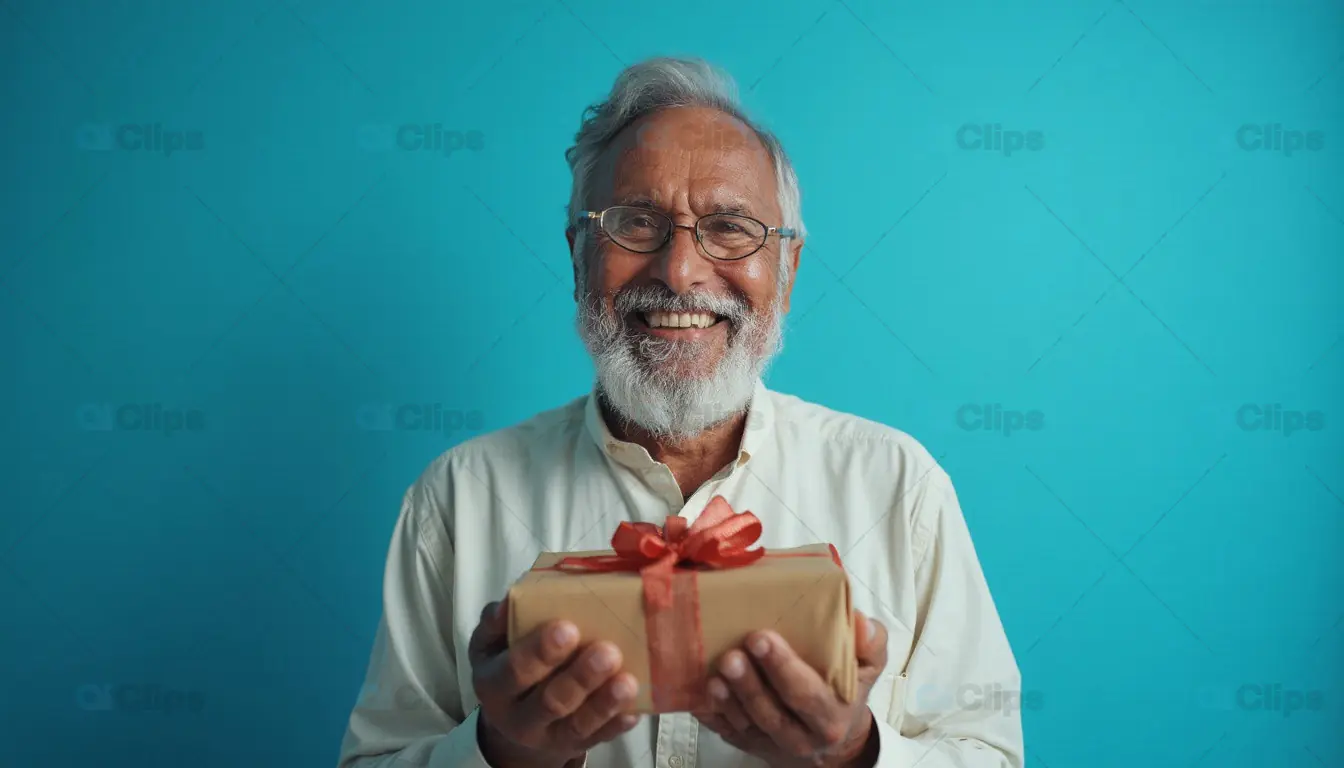 Elderly Man Holding Gift Box with Smile
