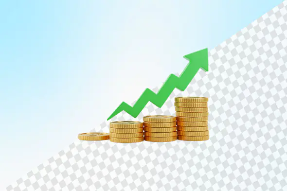 Rising green arrow over stacks gold coins
