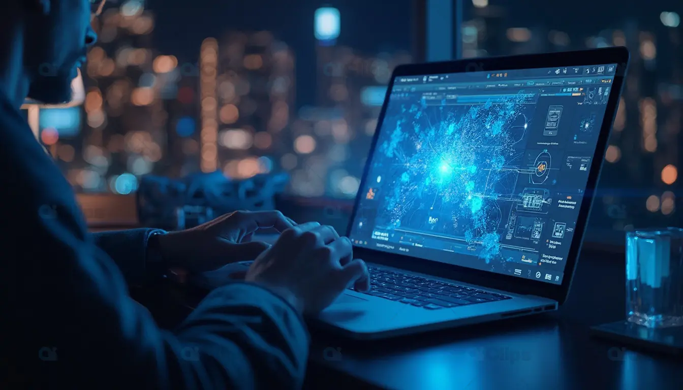 Man Analyzing Digital Data on Laptop at Night