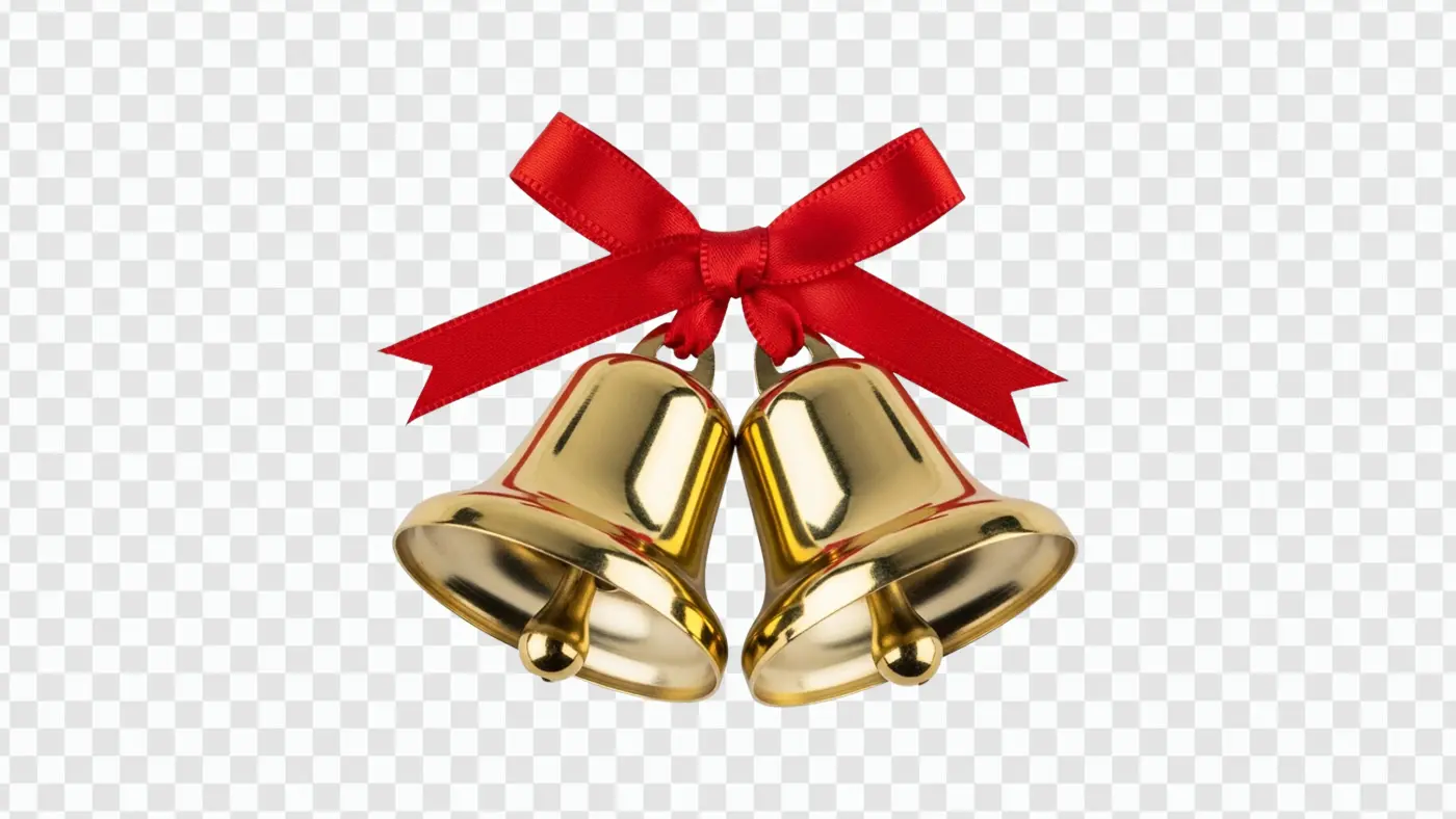 Golden Christmas Bells with Red Ribbon Bow Clipart PNG