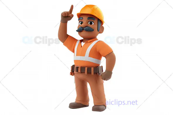 3D Construction Worker Character Pointing Up
