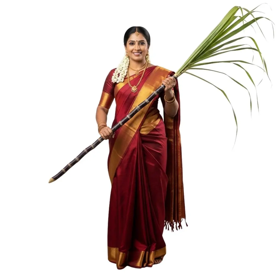 South Indian Woman Celebrating Pongal with Sugarcane PNG