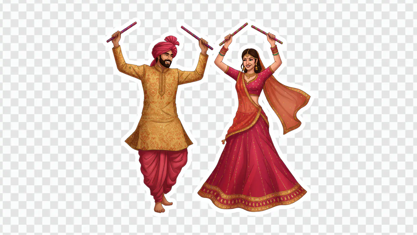 Joyful Indian Couple Performing Dandiya Dance PNG