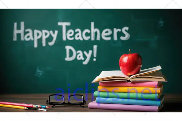 Happy Teacher's Day Chalkboard with Books and Apple