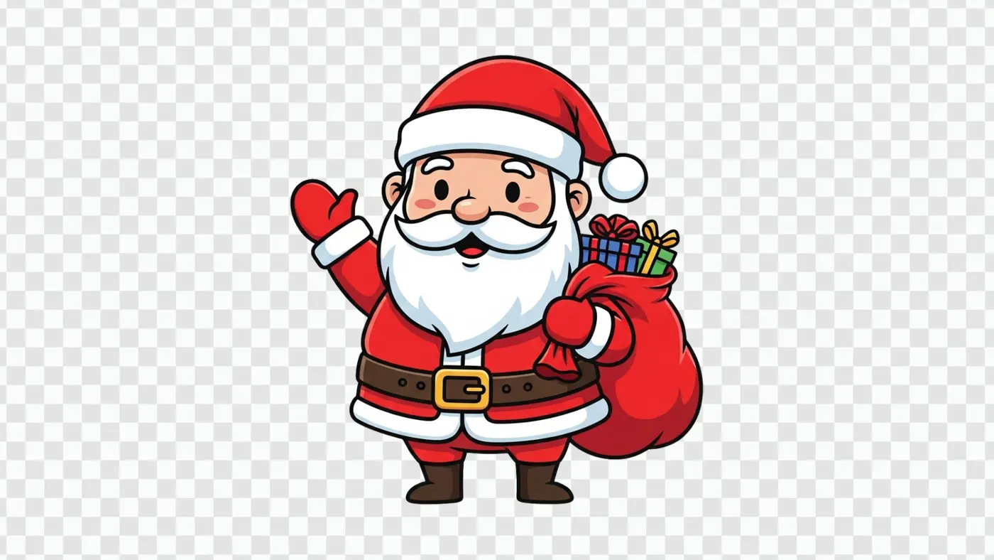 Waving Santa Claus with Gifts Sack Cartoon Clipart PNG