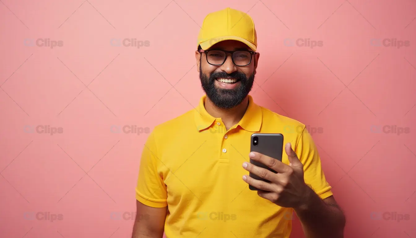 Smiling Man in Yellow with Smartphone