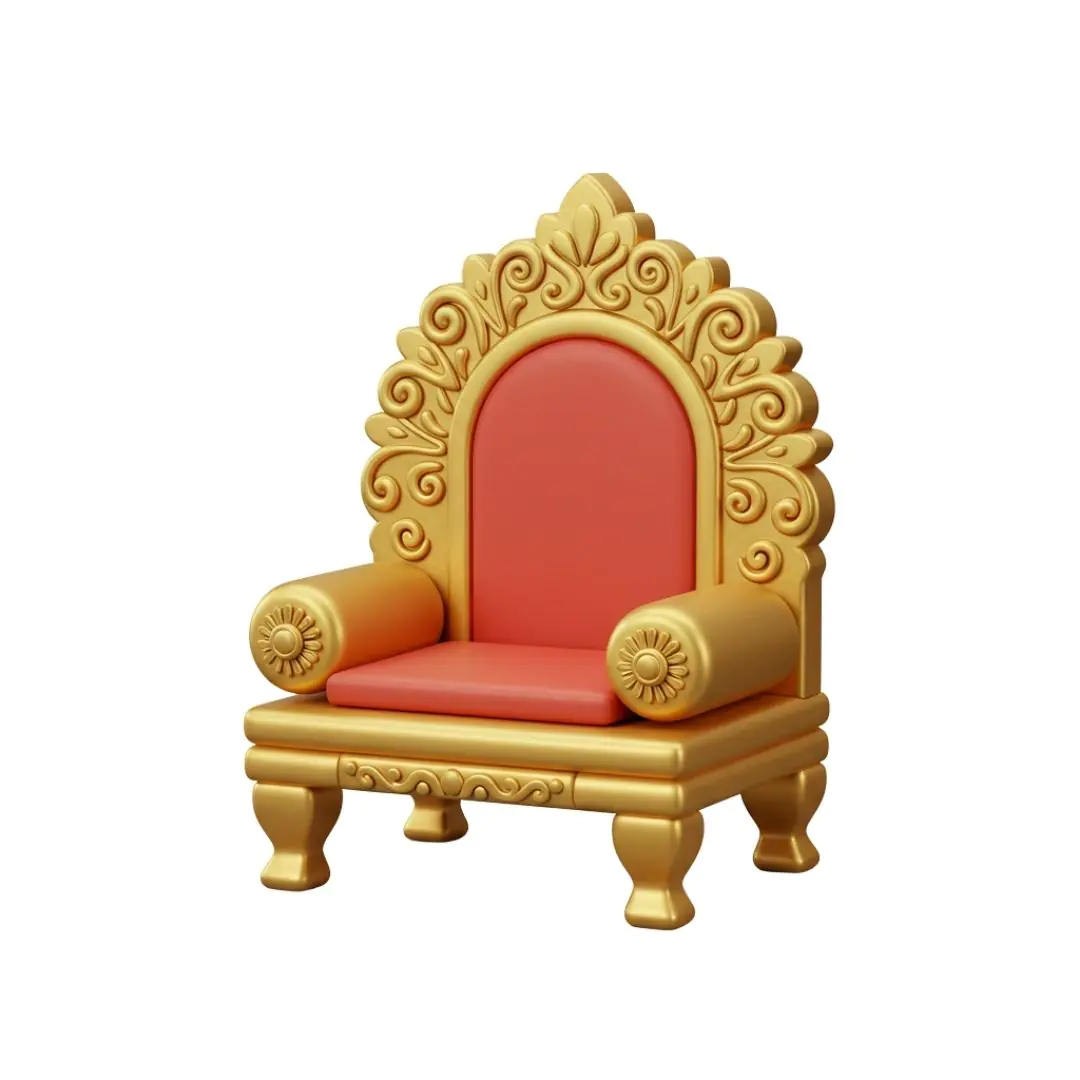 Ornate golden throne with red cushion and scrollwork
