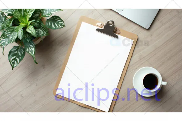 Clipboard with Blank Paper, Coffee, and Plant