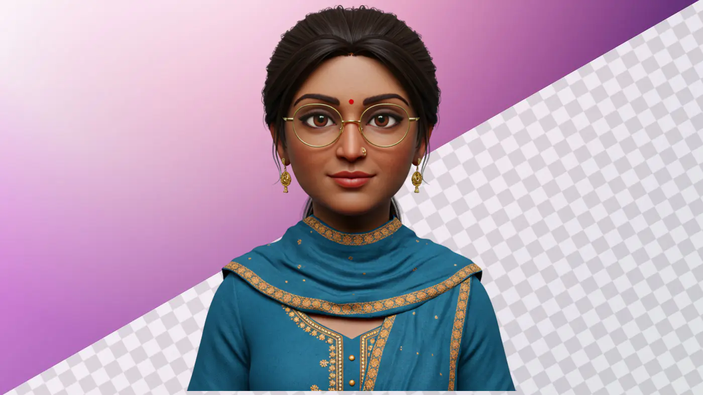 3D avatar Indian woman traditional teal outfit glasses