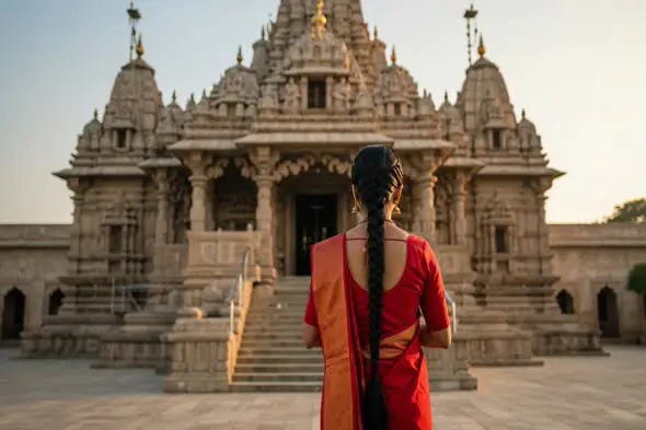 Indian Woman in Saree Standing Before a Temple