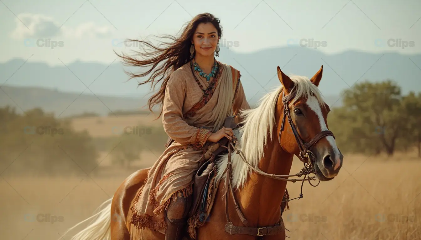 Woman Riding Horse in Countryside