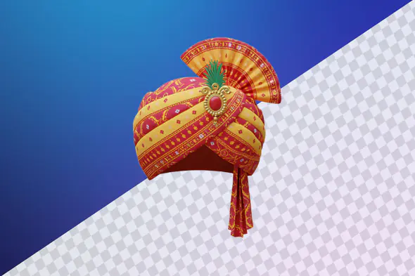 Colorful Indian turban with ornate fan decoration