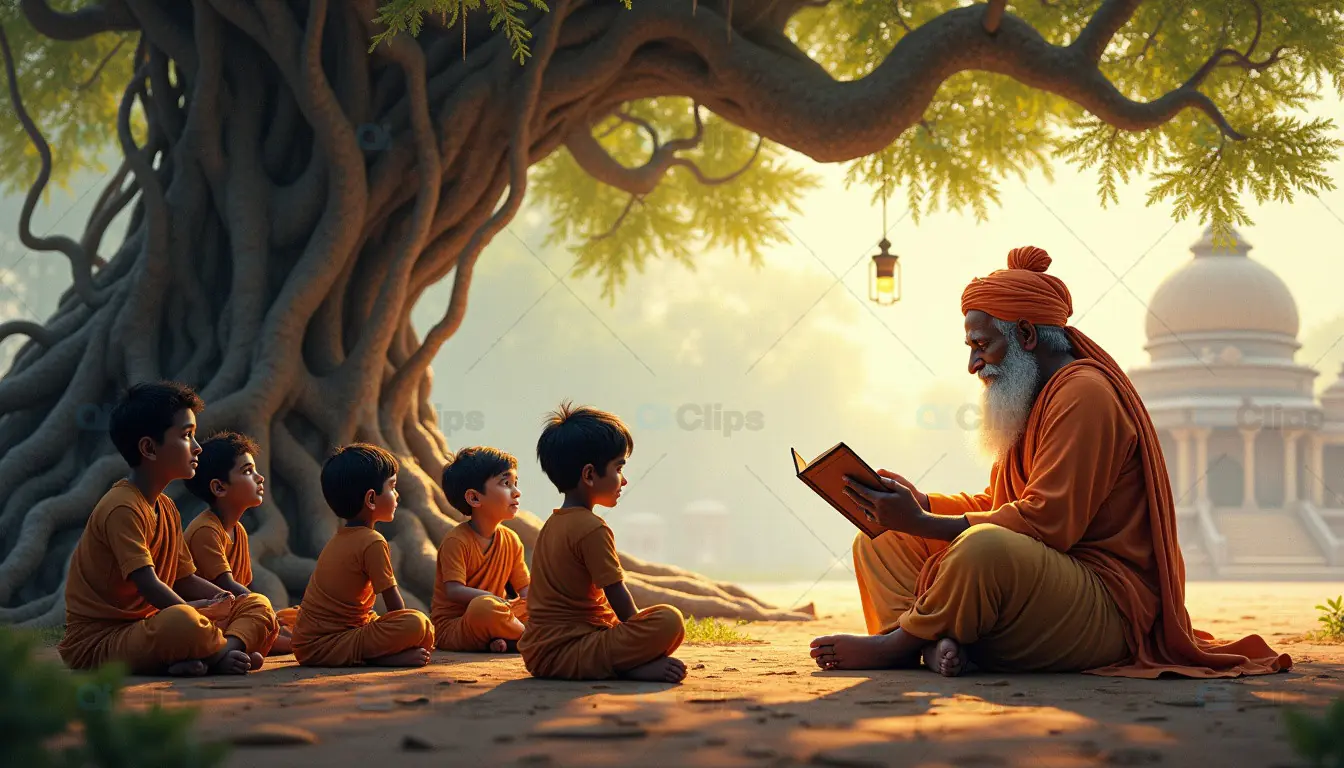 Spiritual Teaching Under a Banyan Tree - Guru with Children