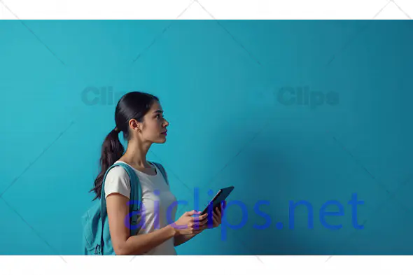 Young Woman with Tablet Against Teal Background