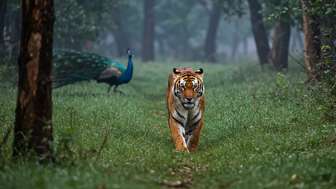 Majestic Tiger and Peacock in Misty Forest