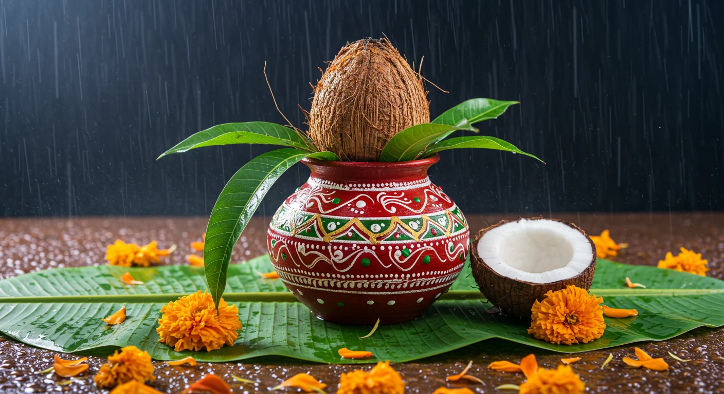 Red Kalash with Coconut and Mango Leaves in Rain | AIClips Monsoon Indian Pooja Decor