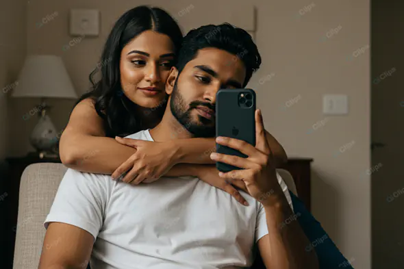 Cozy Couple's Smartphone Moment