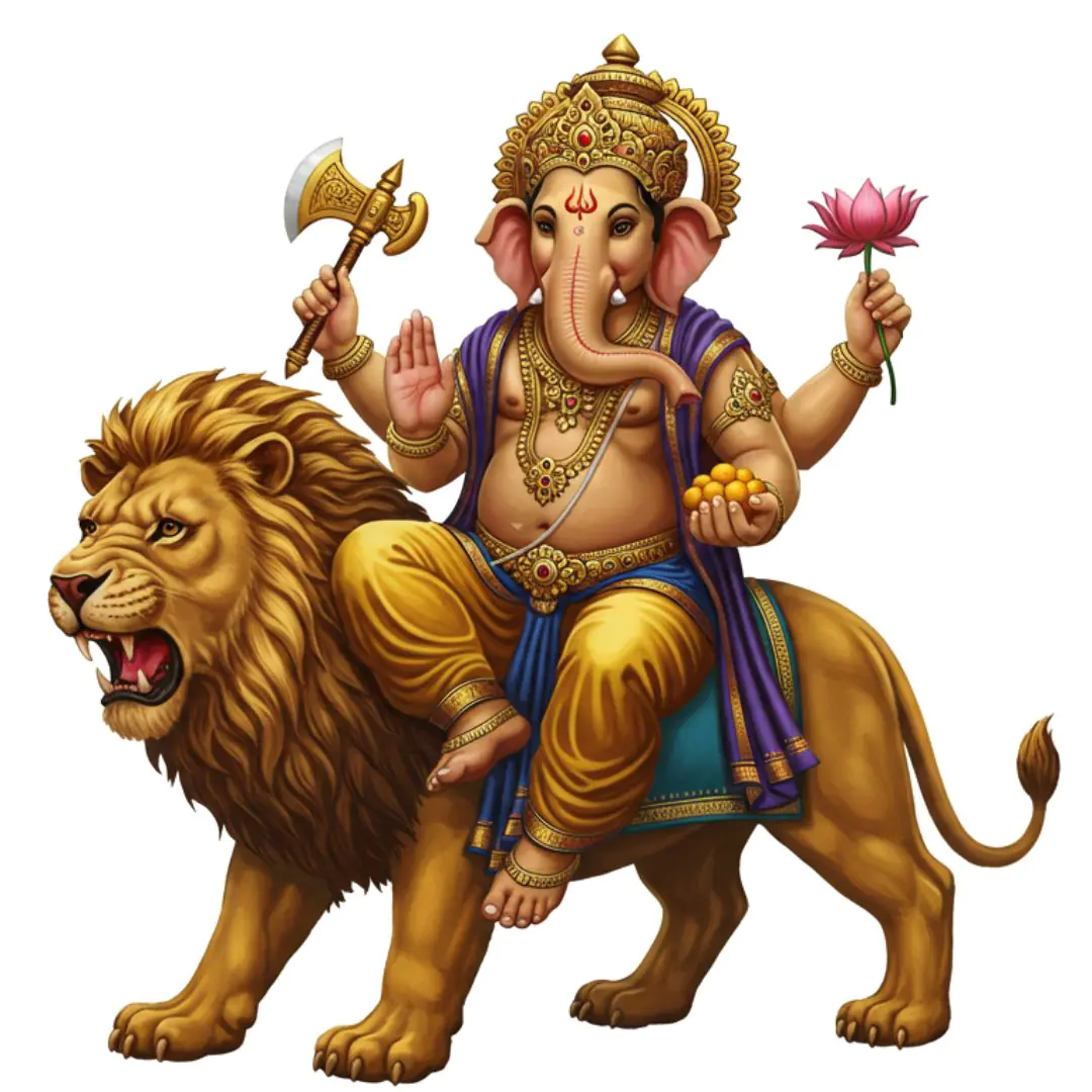 Ganesha Riding Powerful Lion Deity PNG Clipart