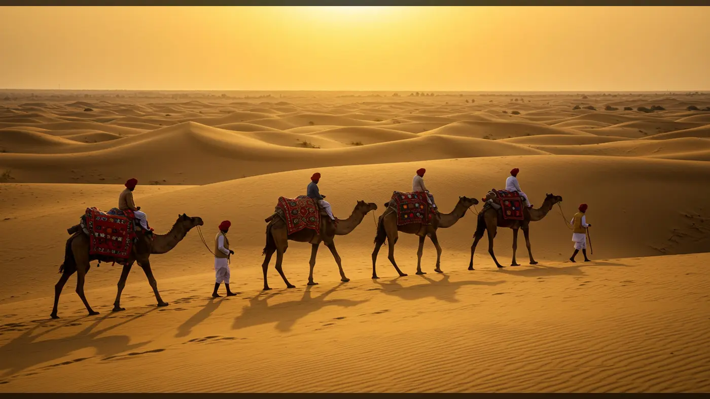 Camel Caravan Crossing the Thar Desert at Sunset in Rajasthan