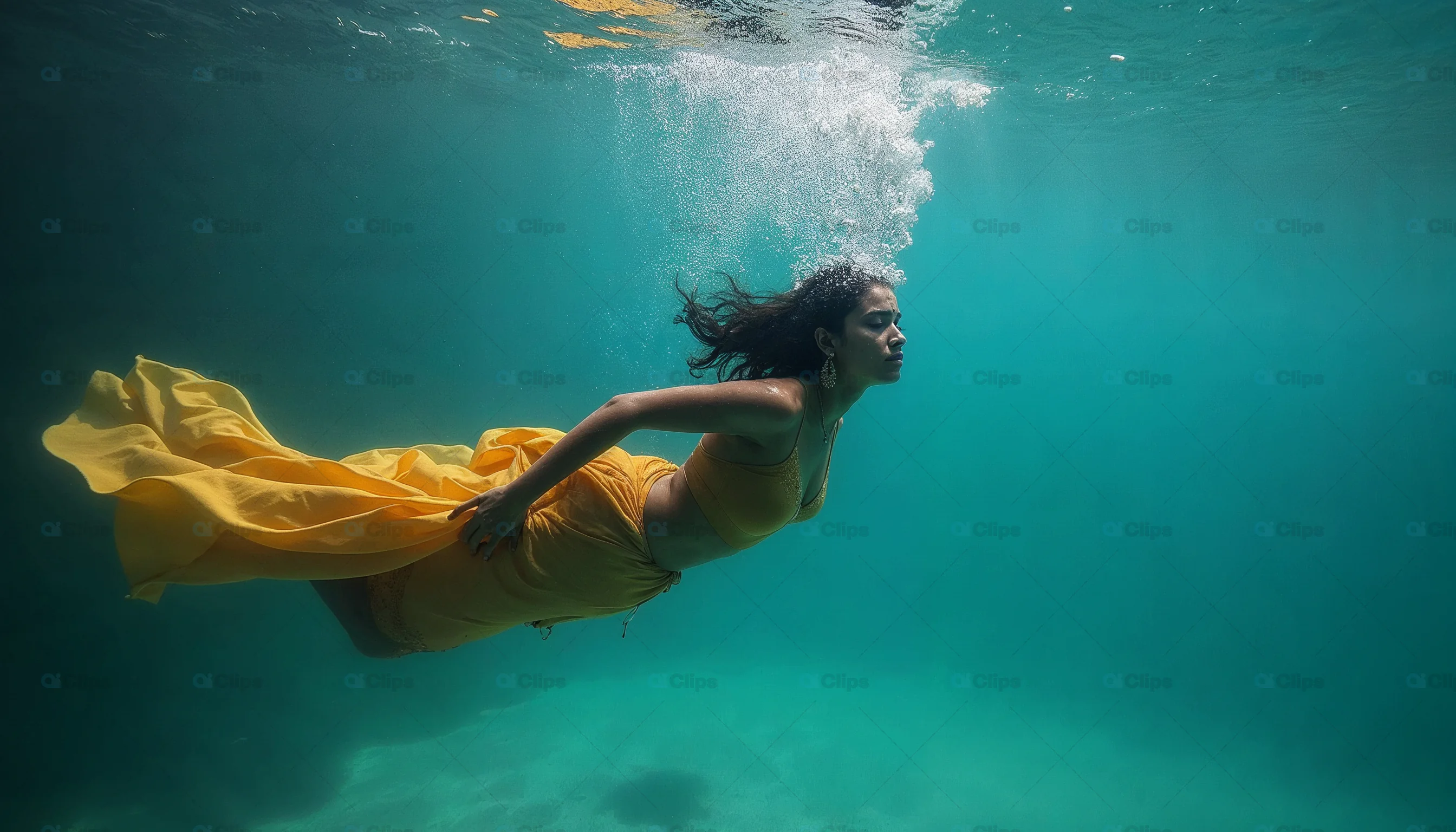 Woman in Flowing Yellow Dress Underwater