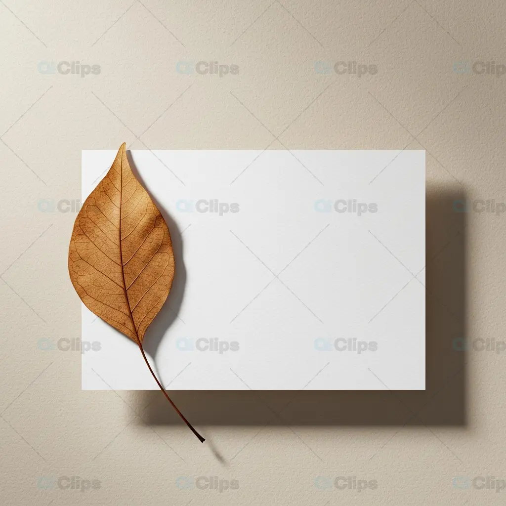 Minimalist White Card Mockup with Brown Leaf
